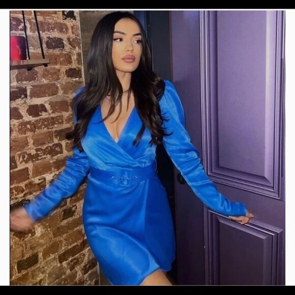 Zara blue v-neck wrap front long sleeve satin effect dress Sz M - Picture 6 of 11